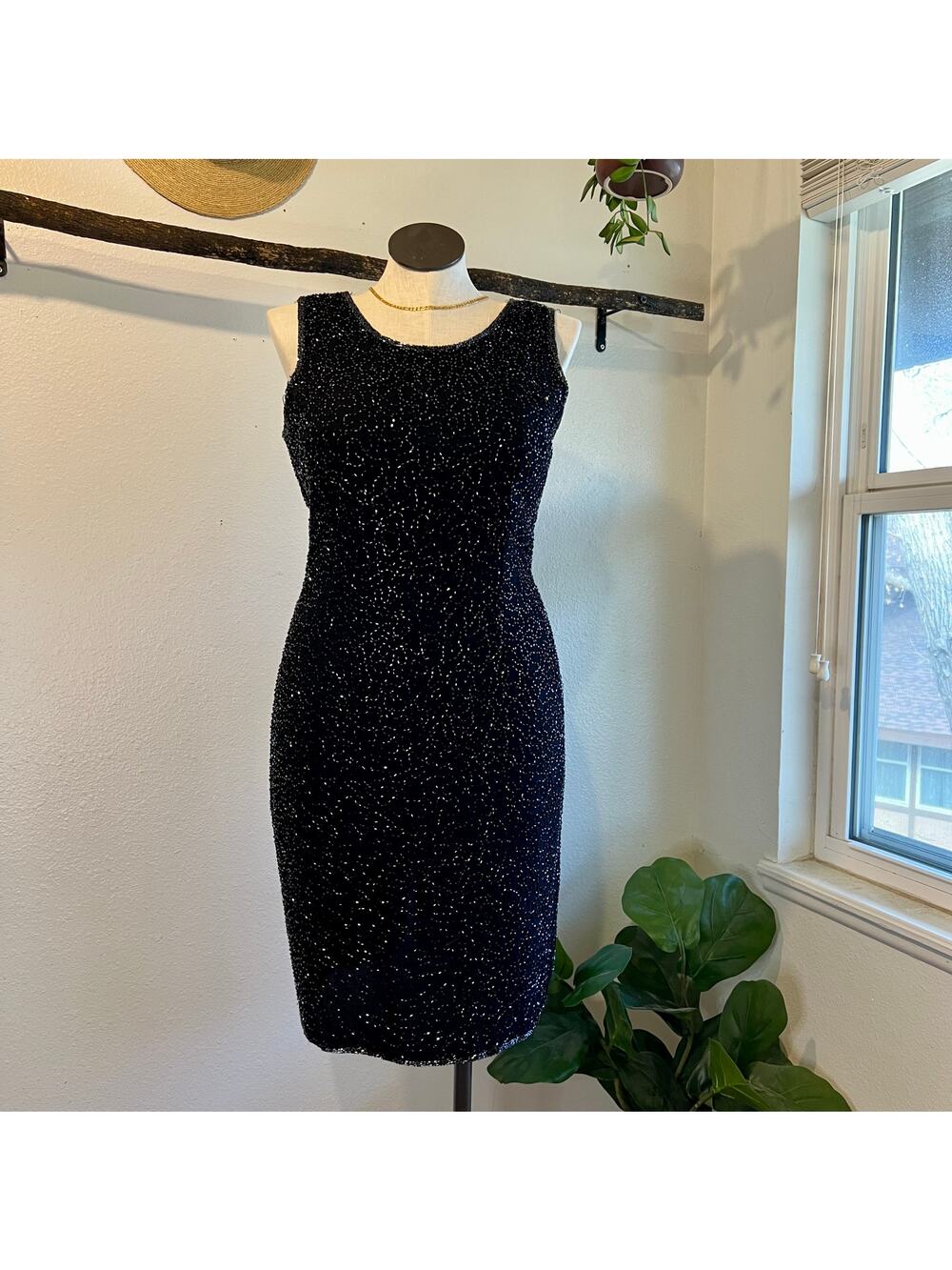 JMB Vintage Black Hand Beaded Sequin Sleeveless Knee Length Dress Size Large